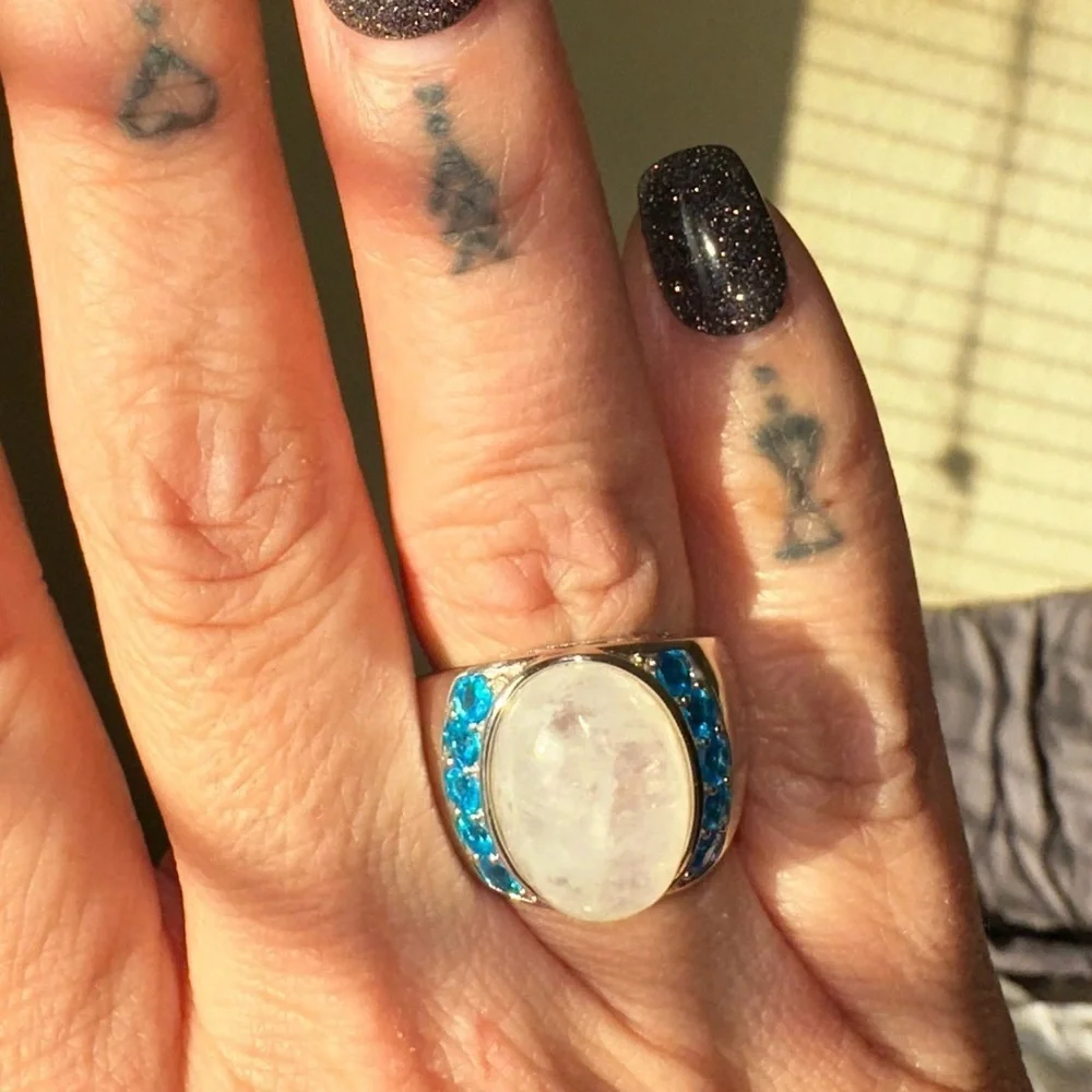 Moonstone with lab blue topaz Silver and Blue Gemstone Ring size 8